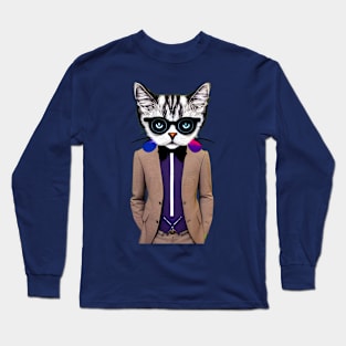 Moody Cat Wearing A Suit Long Sleeve T-Shirt